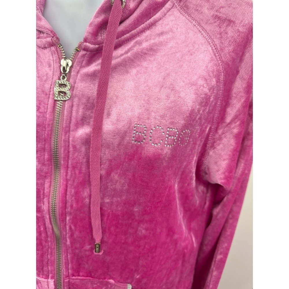 BCBG Phlox Pink Velour Tracksuit Set Butterfly Rhinestone Hoodie Pants L NEW